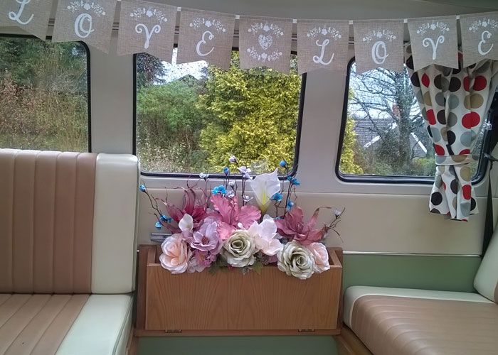 Interior of VW Campervan decorated for Wedding hire