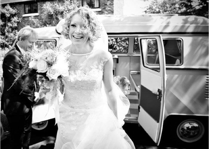 Bride arriving to the Church in VW Campervan