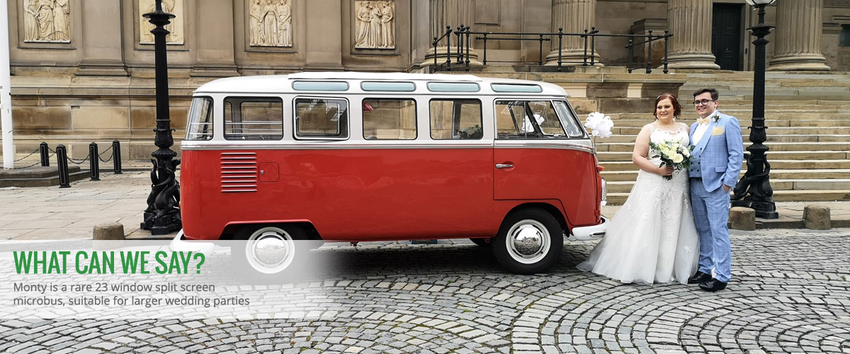 What can we say? - Monty is a rare 23 window split screen microbus, suitable for larger wedding parties