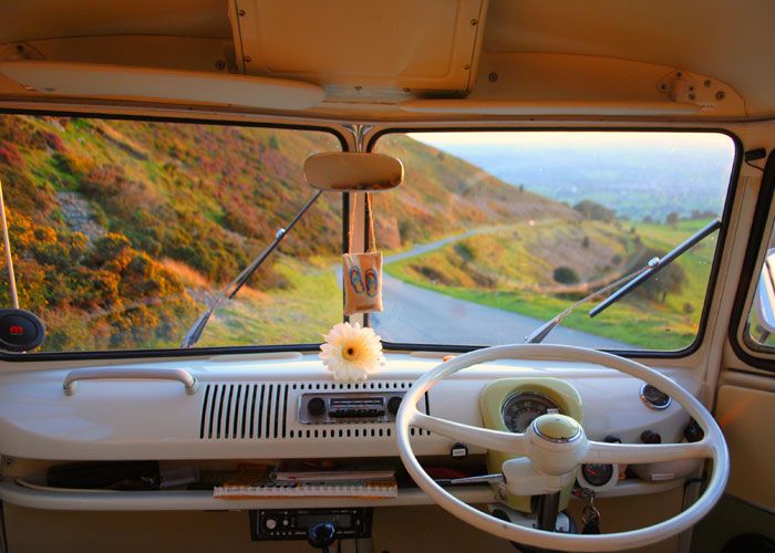 Inside VW Campervan looking at journey across North Wales