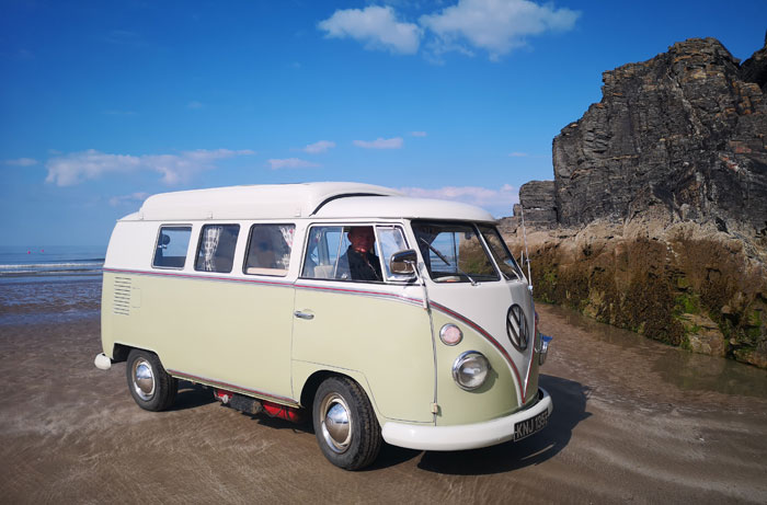 Paul manoeuvring Jessie, ready for a commercial photoshoot on Blackrock Sands